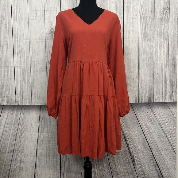 Fancy Inn Dresses & Skirts - Fancy Inn Woman's Large Orange Long Sleeve V-Neck With Pockets Dress, NWT